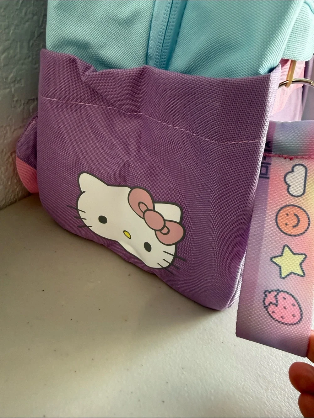 New girls Hello Kitty Pastel Blue, Purple & Pink Backpack with Matching Lunchbox